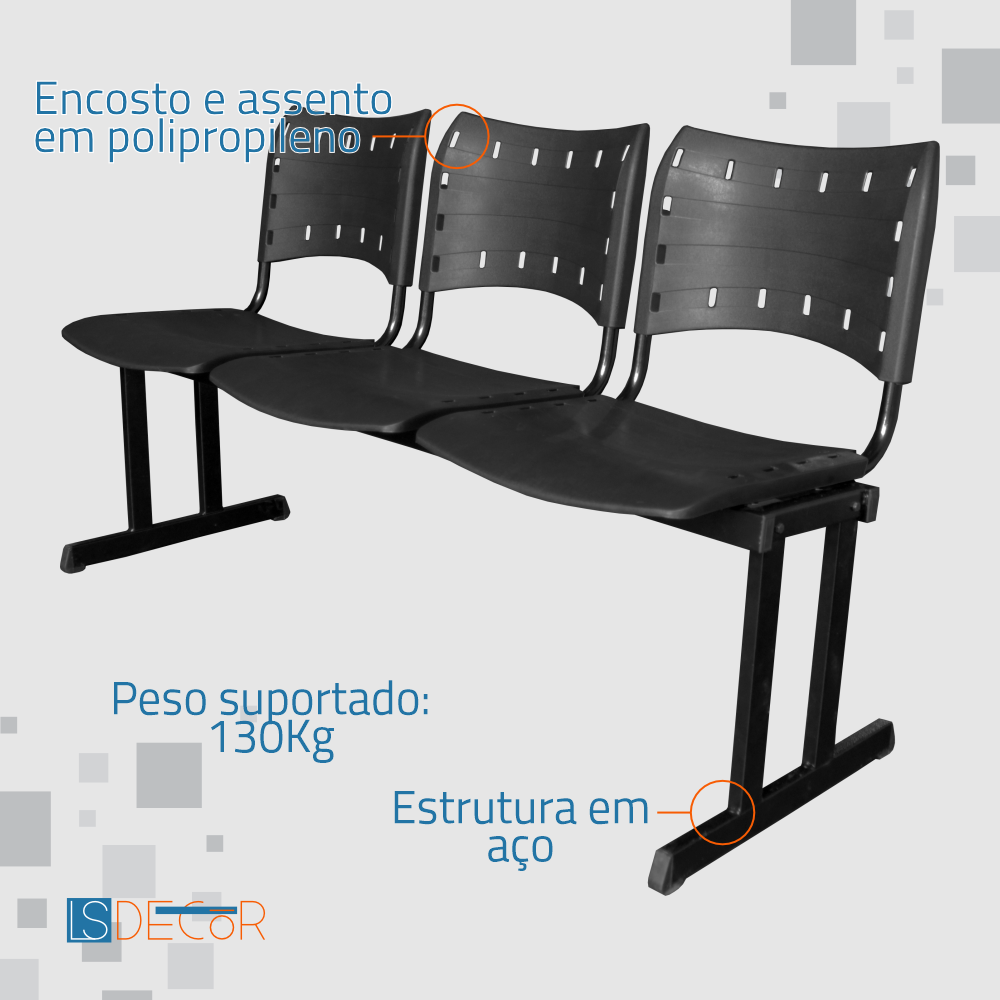Cadeira Fixa ISO Polipropileno 3 Lugares Preta