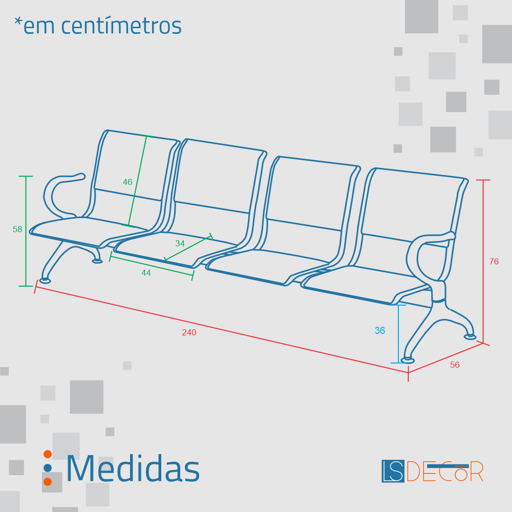 Cadeira Longarina Cromada 4 Lugares Com Estofado Preto
