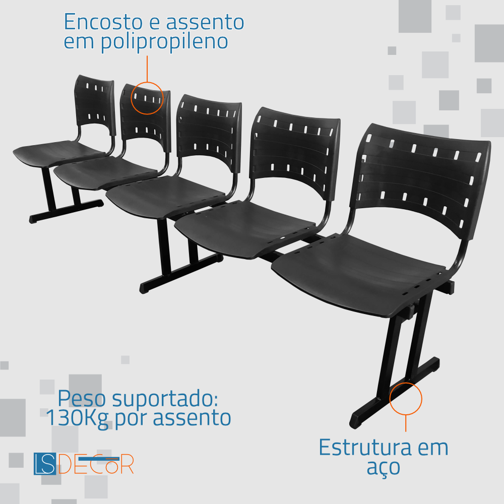 Cadeira Fixa ISO Polipropileno 5 Lugares Preta