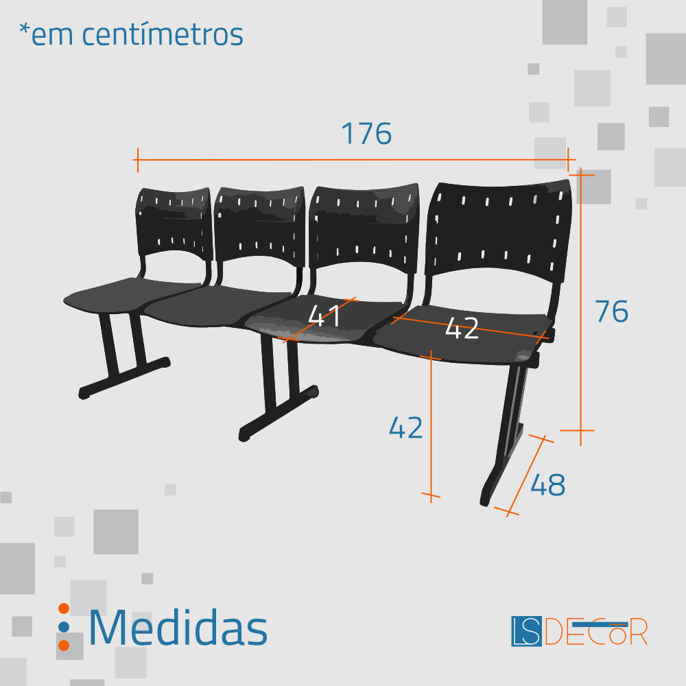 Cadeira Fixa ISO Polipropileno 4 Lugares Preta