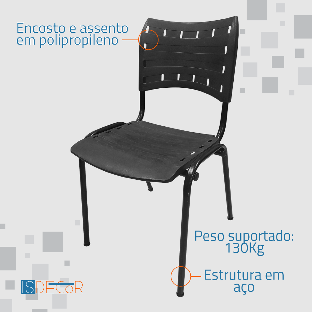 Cadeira Fixa ISO Polipropileno Empilhável Preta