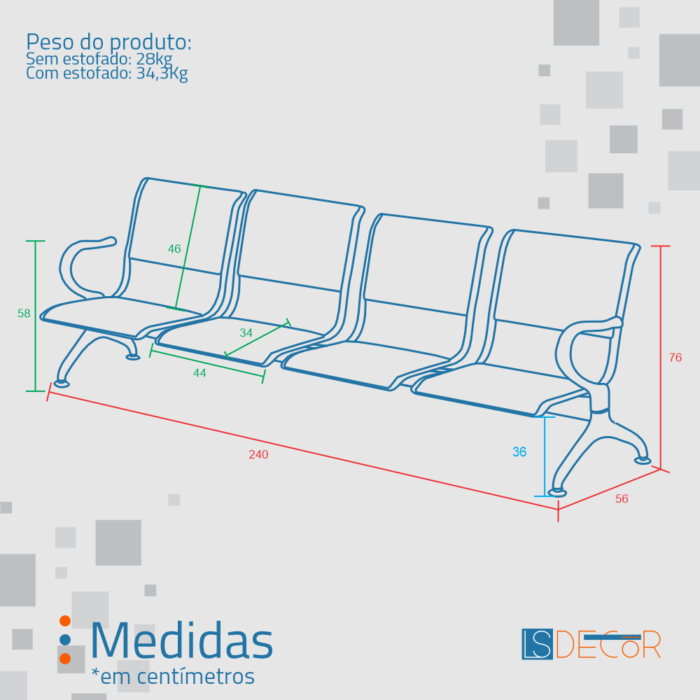 Cadeira Longarina Cromada 4 Lugares Com Braço Central