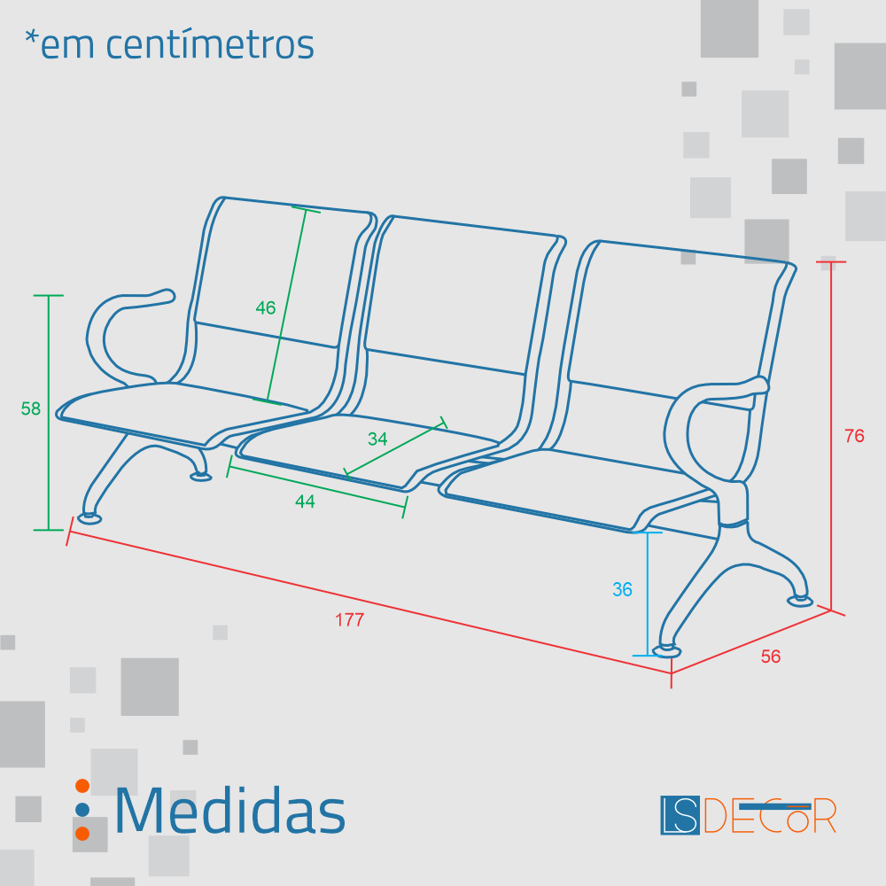Cadeira Longarina Cromada 3 Lugares Com Estofado Preto