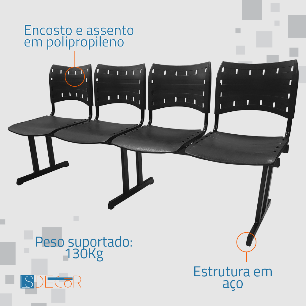 Cadeira Fixa ISO Polipropileno 4 Lugares Preta