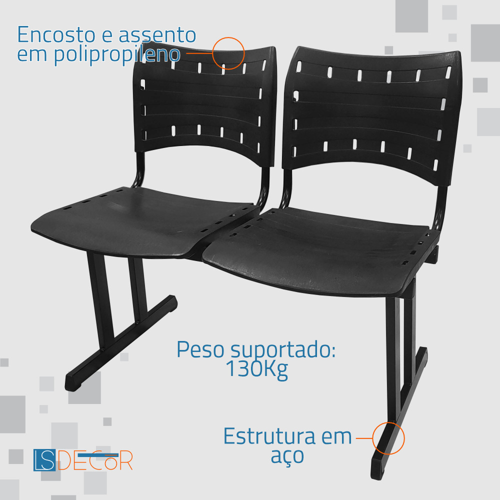 Cadeira Fixa ISO Polipropileno 2 Lugares Preta
