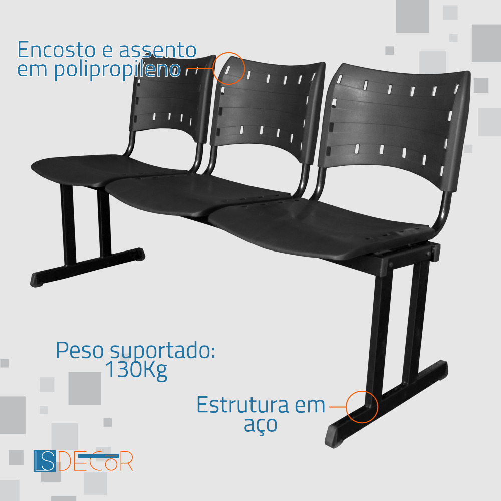Cadeira Fixa ISO Polipropileno 3 Lugares Colorida