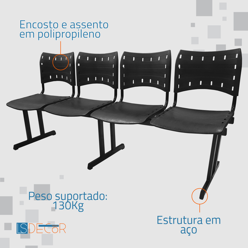 Cadeira Fixa ISO Polipropileno 4 Lugares Preta