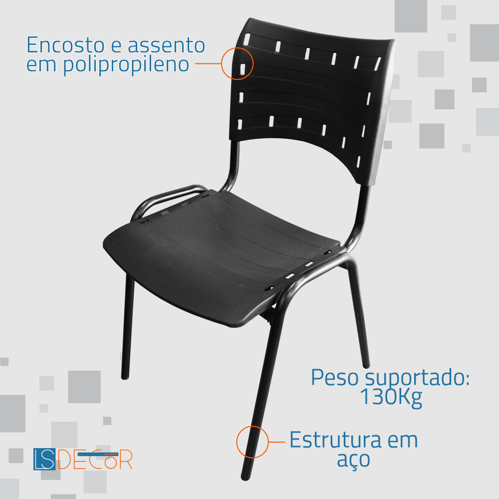 Cadeira Fixa ISO Polipropileno Empilhável Preta